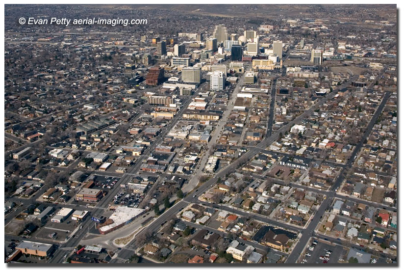 Aerial view of MidTown Reno from helicopter