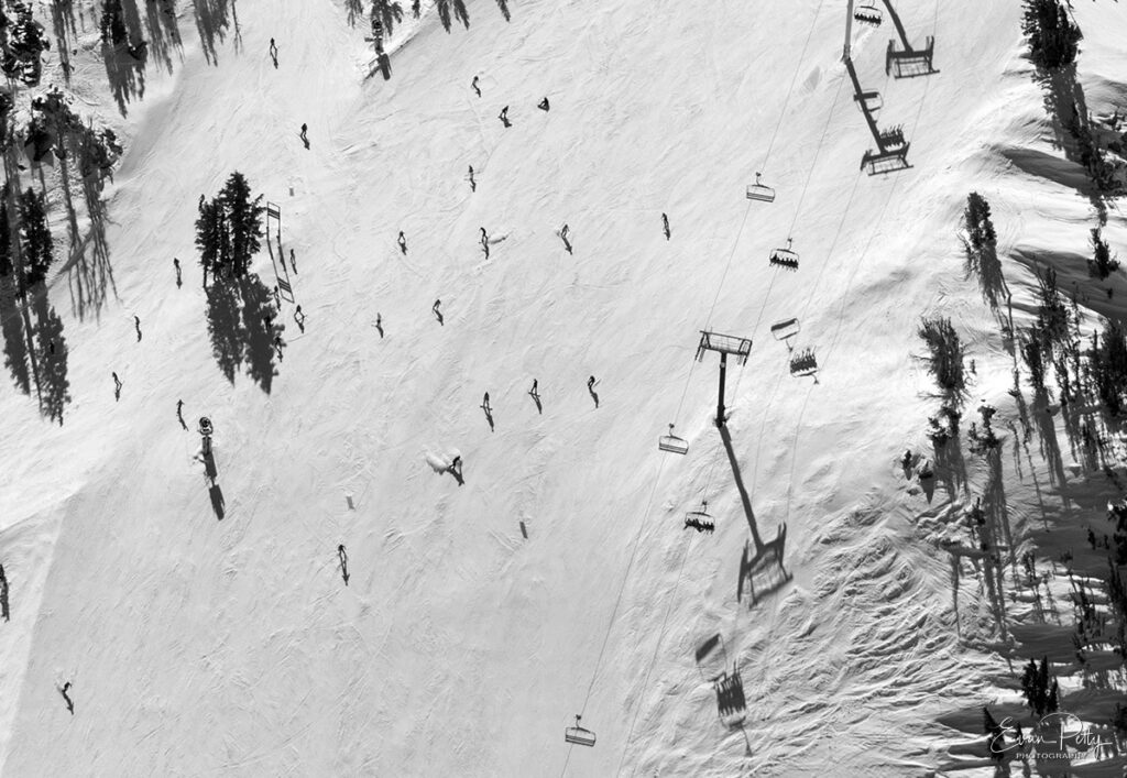 Skiers from above Mt Rose