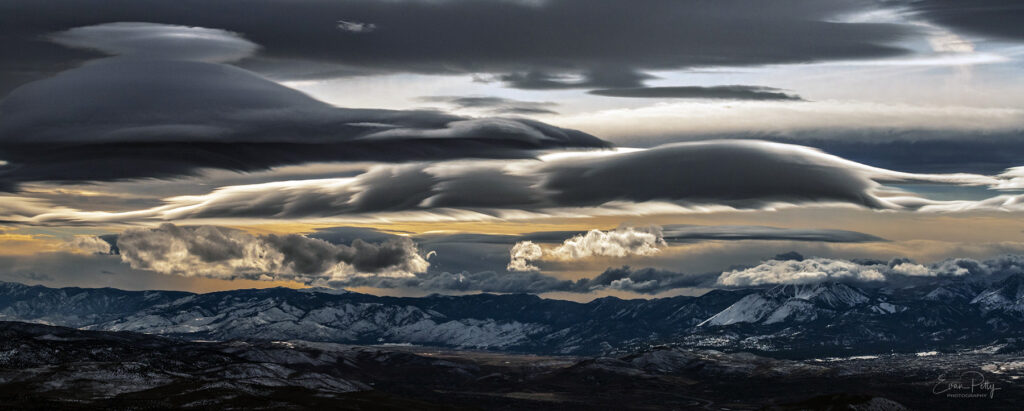 Lenticular clouds along the eastern side of the Sierras from an aerial perspective